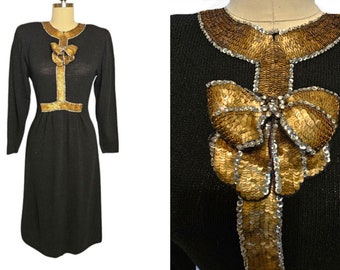 Vintage Lillie Rubin Black Knit Evenings Dress with Huge Gold and Silver Sequin Bow Accented with  Sparkling Rhinestones Gift for Her