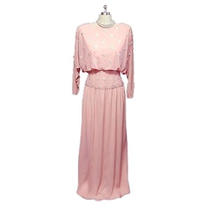 Vintage 70s Lillie Rubin Pearl Paillettes Pink Evening Gown