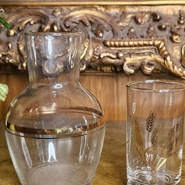 Vintage 1960s Bedroom Bathroom Water Carafe with Dainty Gold Wheat Trimmed Glass Set  Gifts for Her