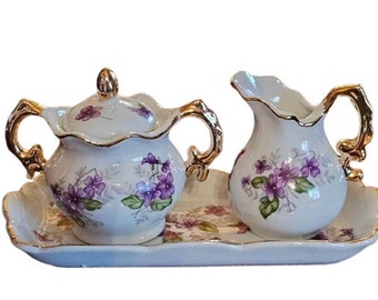 Vintage Violets Gold Gilt Sugar and Creamer Set on Matching Tray Tea Party tea set Miniature Set Vintage China Gifts for Her