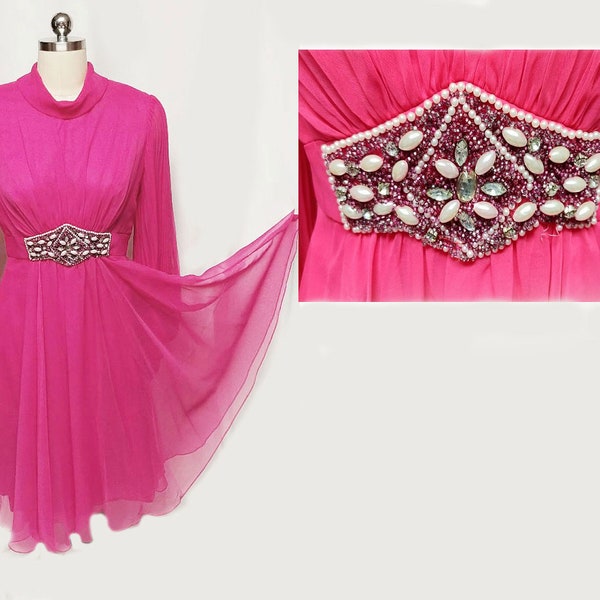 Vintage Hot Pink Beaded, Rhinestones & Pearls Cocktail Dress Full Pleated Sleeves pink cocktail dress hot pink dress vintage Gift for Her
