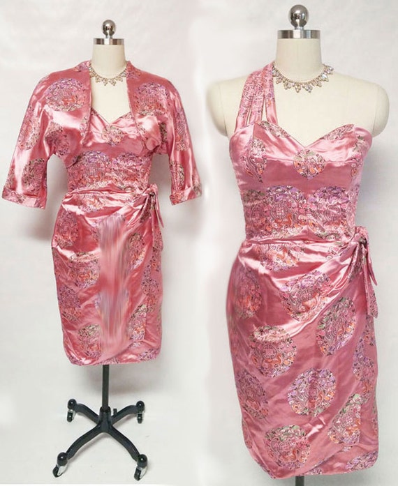 Vintage Bombshell Sarong Satin brocade Dress Match