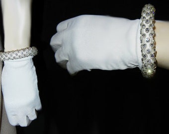 Vintage 50s Elayne Rhinestone Gloves Rolled Cuff Encrusted with Sparkling Rhinestones Wedding Gown Bridal Lingerie