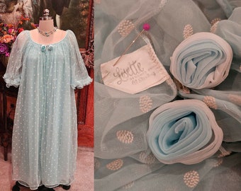 Vintage Lisette Al Sterling Flocked Peignoir Nightgown Set Celestial Blue Fabric Roses designer nightgown vintage peginoir set  Gift for Her