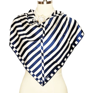 Vintage 60s 70s Vera Navy and White Nautical Look Wide Striped Scarf  striped scarf Gift for Her Gift for Her