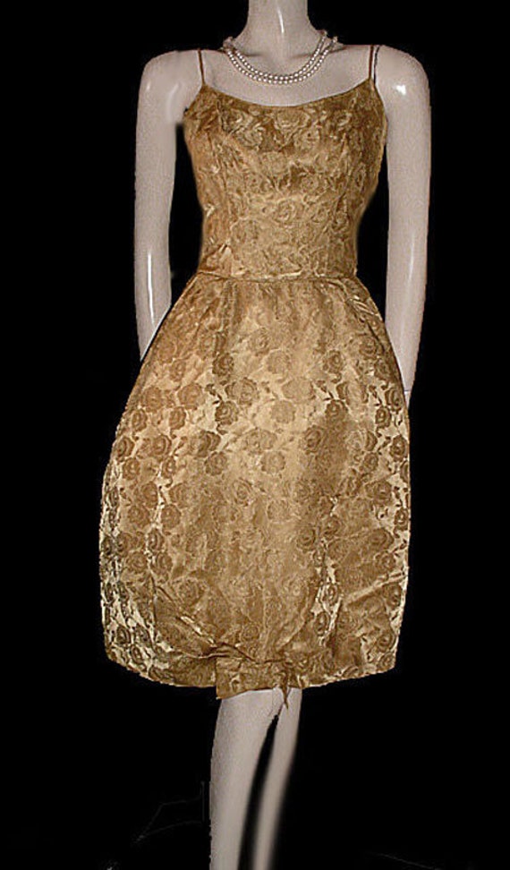 Vintage 50s Gold Brocade Party Dress w Roses & Bo… - image 2