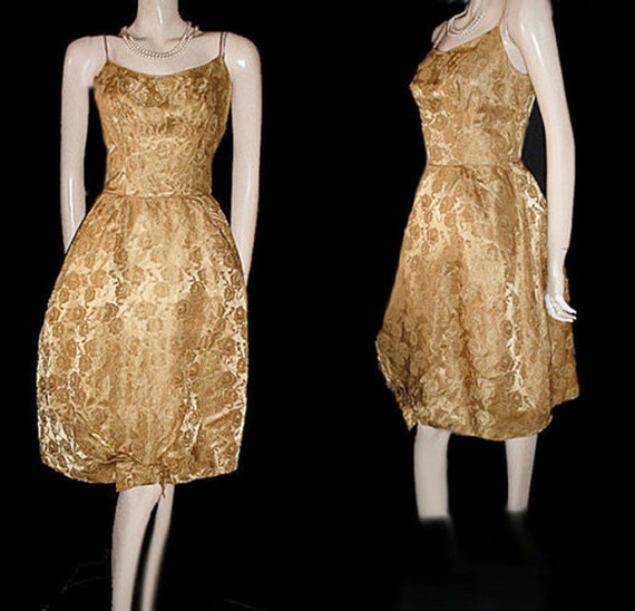 Vintage 50s Gold Brocade Party Dress w Roses & Bo… - image 1