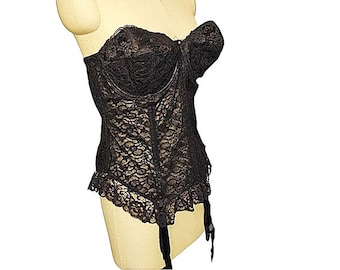 Vintage Goddess Black Lace Merry Widow Bustier: 40 C Metal Garters
