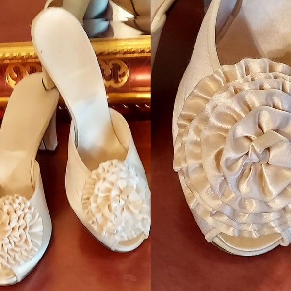 Vintage Daniel Green Ivory Satin Pom Pom High Heel Bedroom Slippers Made in the USA Wedding Slippers Gift for Her