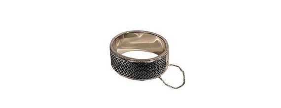 Vintage Whiting and Davis Signed Heavy Silver-Tone Metal Hinge Cuff Bracelet with Safety Chain