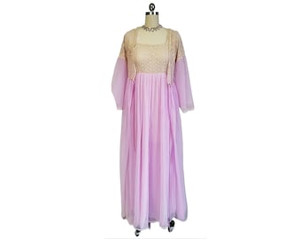 Vintage Intime Double Nylon Pleated Lace Peignoir & Nightgown Set In Orchid