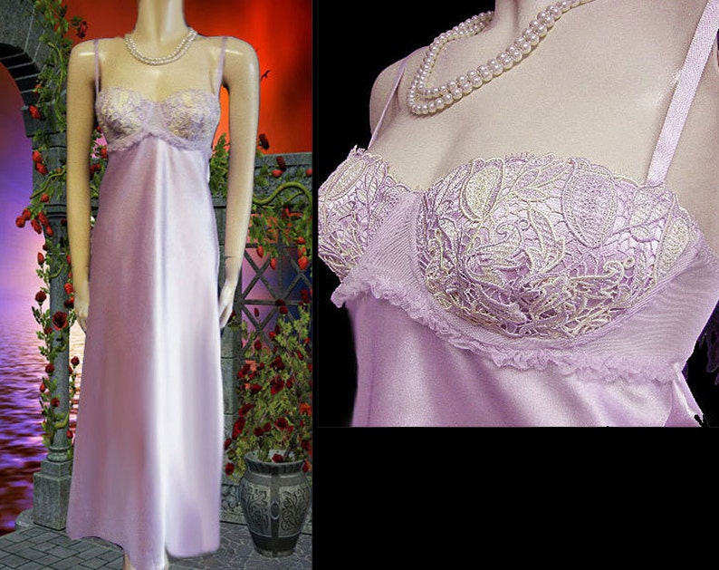Vintage 80s Flora Nikrooz Lace Applique Nightgown Antique Lavender satin nightgown designer nightgown bra nightgown bridal