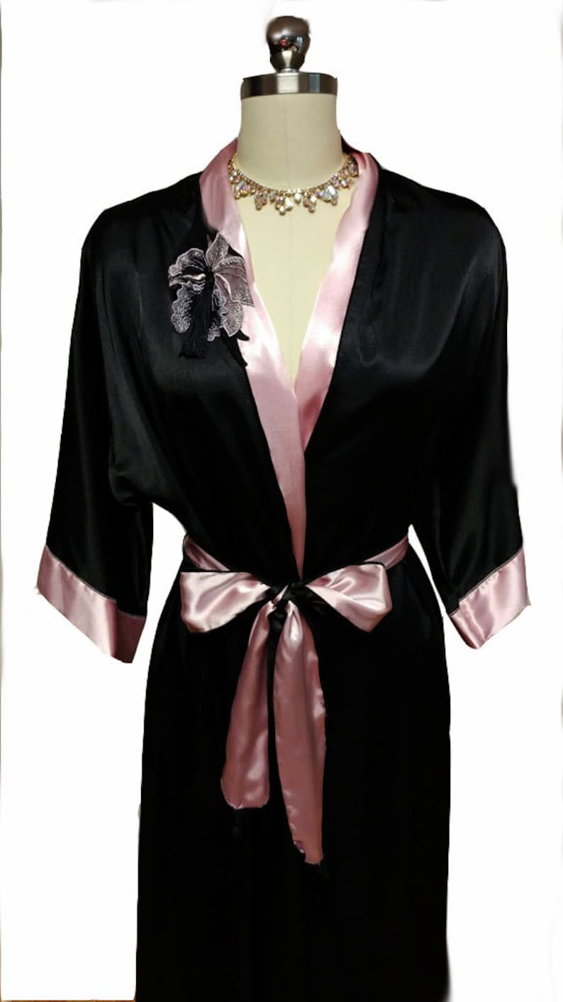Vintage Donna Richard Satin Peignoir Pink Black Orchid Applique dressing gown baby pink satin robe black robe black satin robe