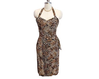 Vintage Leopard Tiger Print Sarong Halter Dress, Sweetheart Neckline, XS