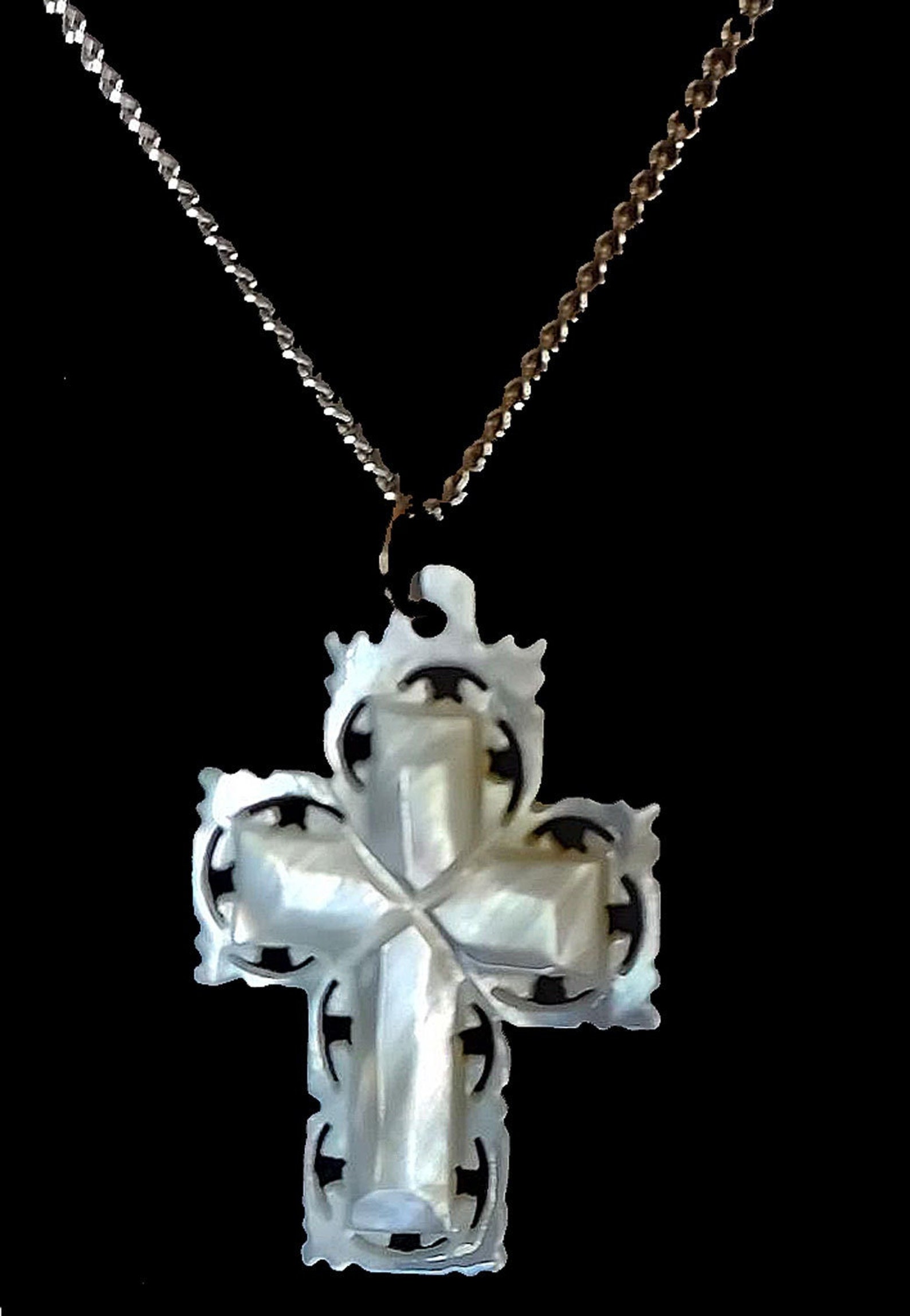 Vintage Carved Mother of Pearl Cross Necklace With Chain Etsy