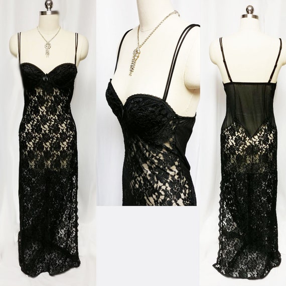 Vintage Lily of France by Delores Spandex & Black Lace Nightgown Built Bra  Glamour Girl Nightgown Black -  Denmark