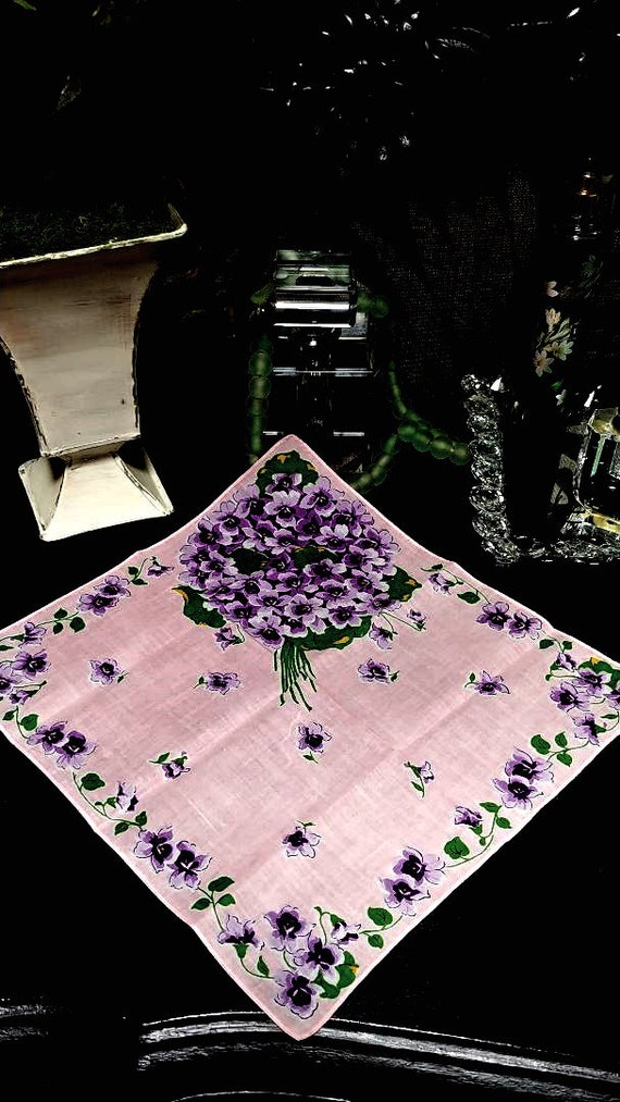 Vintage Bouquet of Violets Pink Handkerchief Pink 