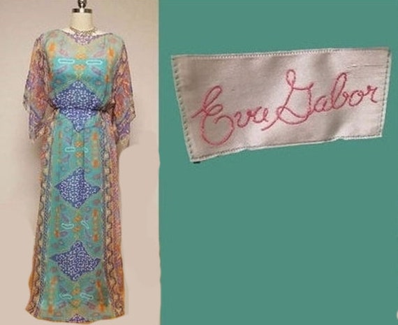 Vintage 70s Eva Gabor Purple Aqua Flowing Evening