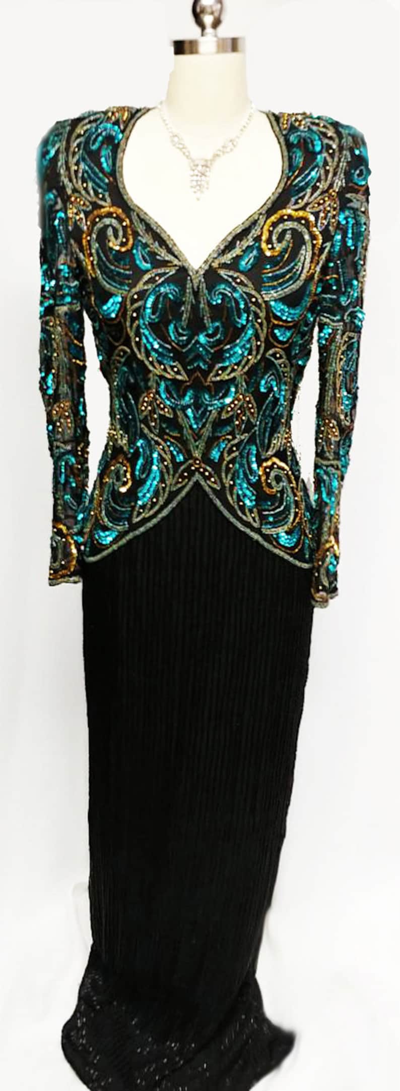 SALE Gorgeous Vintage Scala Black Silk Evening Gown Encrusted w Deep Sea Blue Sequins /& Gold Beads glamorous evening gown