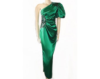 Vintage Miss Bergdorf Evening Gown Satin Beaded One Shoulder Art Decco vintage dress vintage evening gown green evening gown Gift for Her