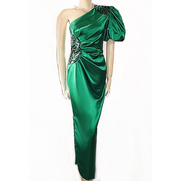 Vintage Miss Bergdorf Evening Gown Satin Beaded One Shoulder Art Decco vintage dress vintage evening gown green evening gown Gift for Her