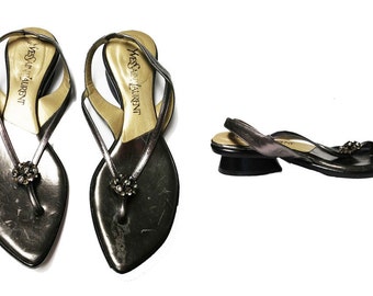 Yves Saint Laurent Chunky Rhinestone Sandals designer sandals silver sandals summer sandals thong sandals vintage sandal ysl