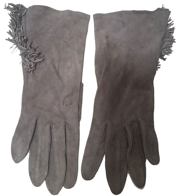 Sophisticated Vintage Gray Suede Fringe Gauntlet … - image 1