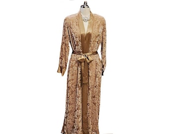 Vintage Saks Fifth Avenue Rayon Silk Flocked Peignoir in Burnished Gold Peignoir Designer Robe