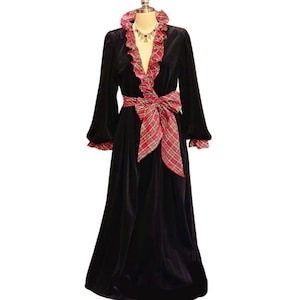 Vintage Size Large Victorian Look Komar Black Velour Dressing Gown Robe with Red Plaid Taffeta Trim  Huge Bow USA Christmas Morning robe