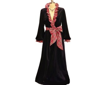 Vintage Komar Black Velour Robe w/ Red Plaid Taffeta Trim, Victorian Style, USA Made