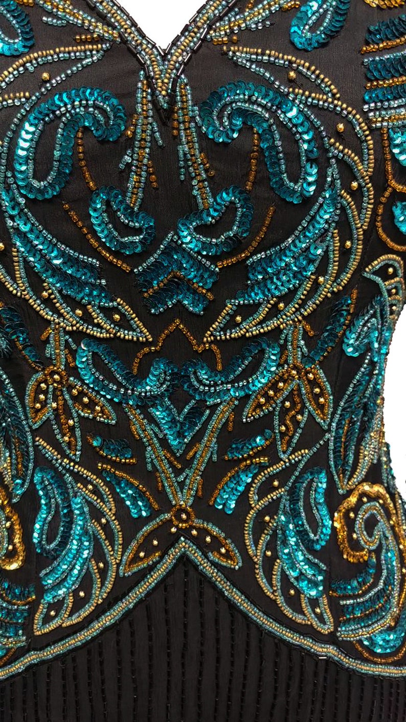 SALE Gorgeous Vintage Scala Black Silk Evening Gown Encrusted w Deep Sea Blue Sequins /& Gold Beads glamorous evening gown