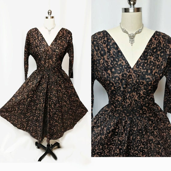 Vintage 50s Black Copper Cocktail Dress Sprinkled… - image 1