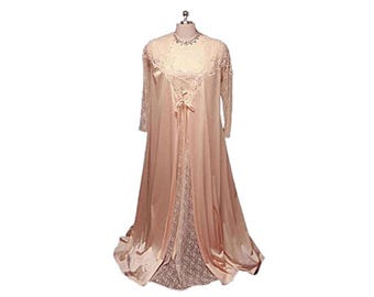 Vintage Glydons Peach Lace Peignoir Nightgown Set • All Lace • Floral Appliqués • Southern Belle Bridal Look • Small