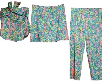Vintage Bamboo Traders 3 Piece Set Halter Top Skort Capris Set Pink Seahorses Coral and Leaves - 3 Piece Outfit Just Adorable Gifts for Her