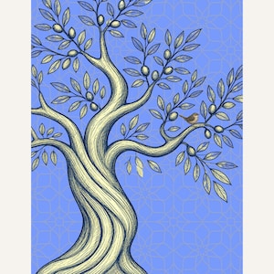 May include: A detailed line art illustration of an olive tree with a thick, textured trunk and branches laden with pale yellow leaves and olives. A small brown bird is perched on a branch against a vibrant periwinkle blue background.