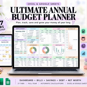 Può includere: Un pianificatore di budget annuale definitivo per Excel e Google Sheets visualizzato su uno schermo di laptop e tablet. L'interfaccia presenta 27 schede, un calendario delle bollette, dashboard mensili, tracker di risparmio e grafici.
