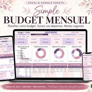 May include: A digital monthly budget planner template for Excel and Google Sheets featuring a laptop, tablet, and smartphone displaying financial dashboards, pie charts, and calendars with floral accents and the text BUDGET MENSUEL.