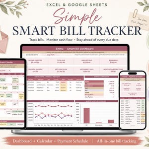 Puede incluir: Un sistema digital de seguimiento de facturas para Excel y Google Sheets titulado Simple Smart Bill Tracker. La interfaz muestra un panel de control, un calendario y un calendario de pagos en una computadora portátil, tableta y teléfono inteligente.