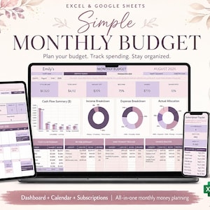 Op de afbeelding: Een digitale budgetplanner-sjabloon voor Excel en Google Sheets weergegeven op een laptop, tablet en smartphone. De interface bevat paarse en witte kleurenschema's met grafieken, tabellen en tekst waaronder Monthly Budget en August 2026.