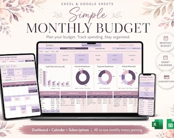 Hoja de cálculo de presupuesto mensual, planificador de presupuesto en Excel y Google Sheets, seguimiento de gastos y ahorros.