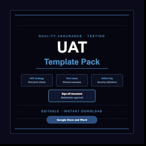 May include: A dark blue digital template pack for Quality Assurance Testing labeled UAT Template Pack. It includes sections for UAT strategy, test cases, defect log, and sign-off document. The text indicates it is editable for Google Docs and Word.