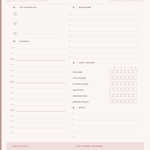 May include: A daily planner template in a soft beige color scheme with sections for top 3 priorities, a brain dump, a schedule from 6 am to 9 pm, a habit tracker, notes, a win of the day, and a don't forget tomorrow section with mood icons.