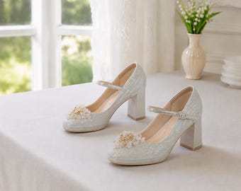 Mary Jane-bruidshakken met parelbloem, ivoorkleurige glitterplatformtrouwschoenen, feestpumps blokhak