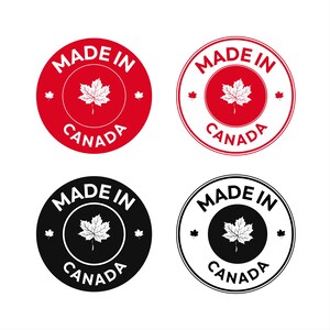 Puede incluir: Cuatro etiquetas circulares con el texto MADE IN CANADA dispuesto en círculo alrededor de un icono central de hoja de arce. Dos etiquetas son de color rojo y negro sólido, mientras que dos tienen fondos blancos con bordes circulares a juego.