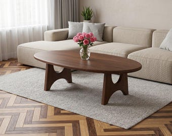 Oval Walnut Coffee Table, Mid Century Modern, Sculptural Japandi Center Table