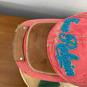 True Religion VTG The Buddha rode en leren distressed hoed Y2K rood blauw ZELDZAAM afbeelding 7