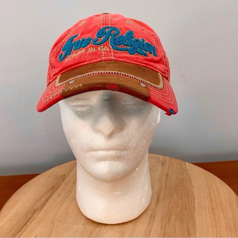 True Religion VTG The Buddha rode en leren distressed hoed Y2K rood blauw ZELDZAAM afbeelding 1