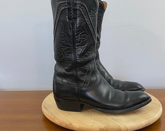Lucchese VTG San Antonio Italian Goat Black Leather Cowboy Boots Mens 8 D  1378