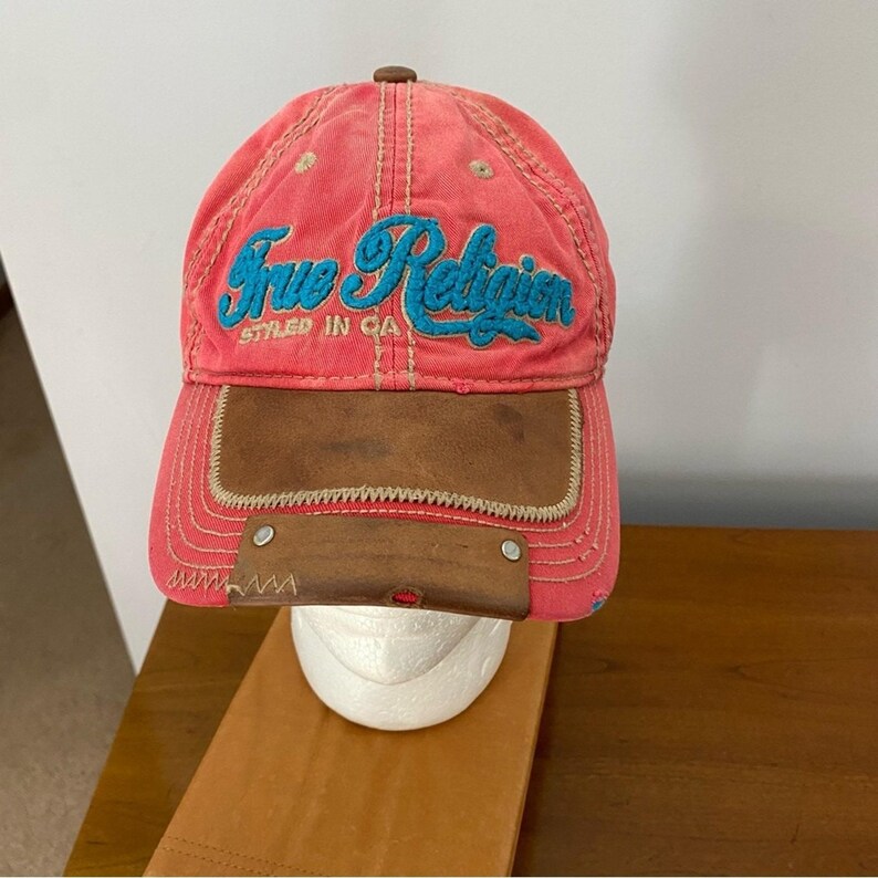 True Religion VTG The Buddha rode en leren distressed hoed Y2K rood blauw ZELDZAAM afbeelding 8