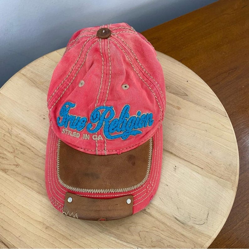 True Religion VTG The Buddha rode en leren distressed hoed Y2K rood blauw ZELDZAAM afbeelding 16